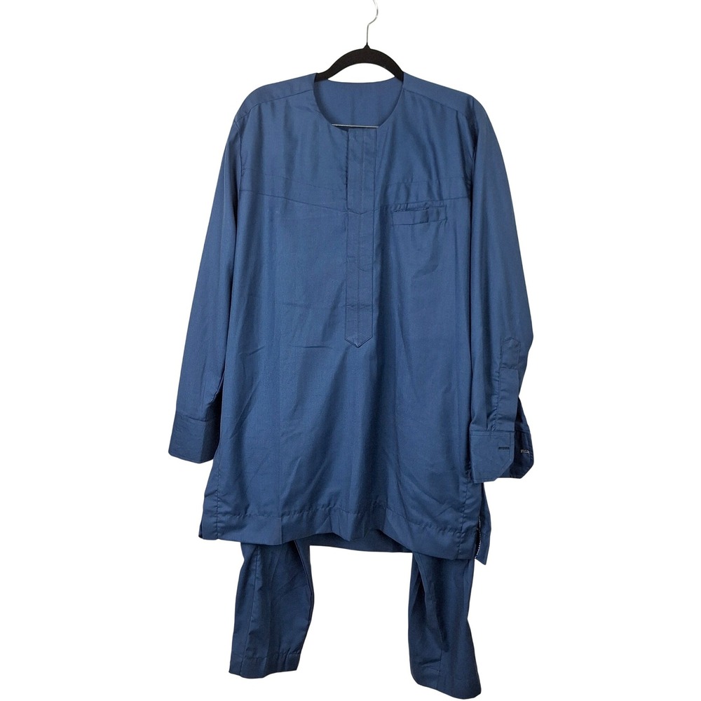Mens Navy Blue African Dashiki Tunic and Trousers Set Traditional 2 Piece Suit